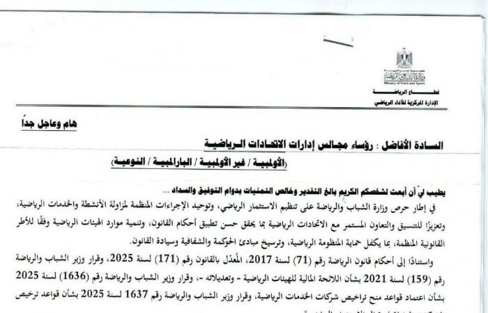 بالبلدي : في
      بيان
      قوي..
      وزارة
      الرياضة
      تحذر
      من
      مشاركة
      الأندية
      والشركات
      دون
      تراخيص
      سليمة