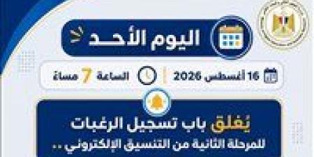 بالبلدي : اليوم
الموعد
النهائي
لتسجيل
رغبات
المرحلة
الثانية..
وهذا
مصير
المتخلفون
عن
التسجيل